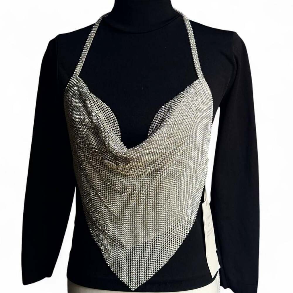 Da Veamor Silver Rhinestone Chainmail Halter Top O/S NWT
